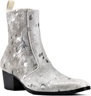 OSSTONE Men Chelsea Ankle Boots Leather Pony Hair Leopard Boot with Side Zipper Heel Boots JY012