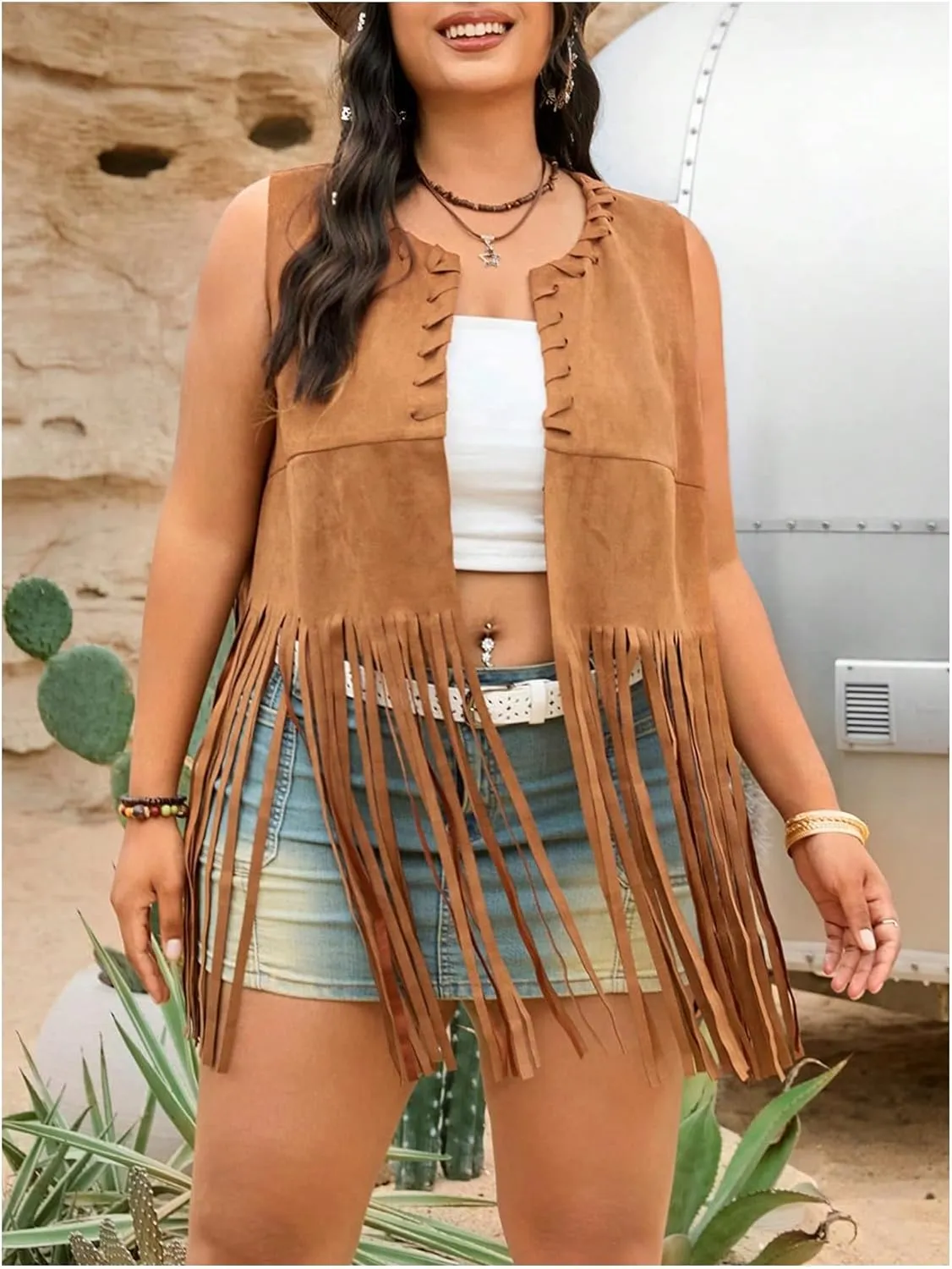 OYOANGLE Women's Plus Size Faux Suede Tank Top Fringe Tassel Open Front Cardigan Vest Jacket