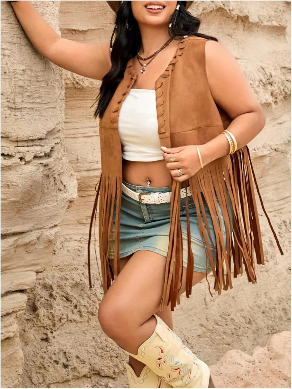OYOANGLE Women's Plus Size Faux Suede Tank Top Fringe Tassel Open Front Cardigan Vest Jacket