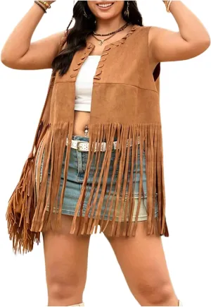 OYOANGLE Women's Plus Size Faux Suede Tank Top Fringe Tassel Open Front Cardigan Vest Jacket