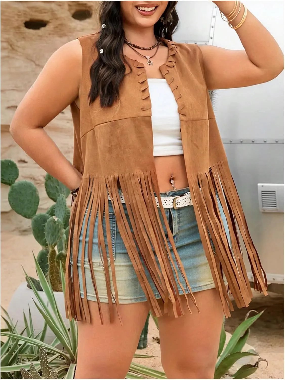 OYOANGLE Women's Plus Size Faux Suede Tank Top Fringe Tassel Open Front Cardigan Vest Jacket
