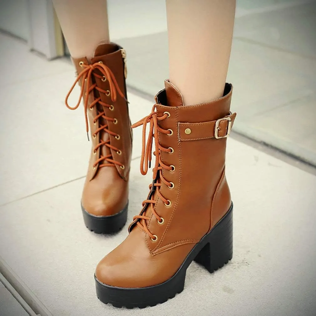 Parisuit Women's Chunky Heel Lace Up Combat Boots Platform High Heel Ankle Boots Goth Buckle Motorcycle Shoes