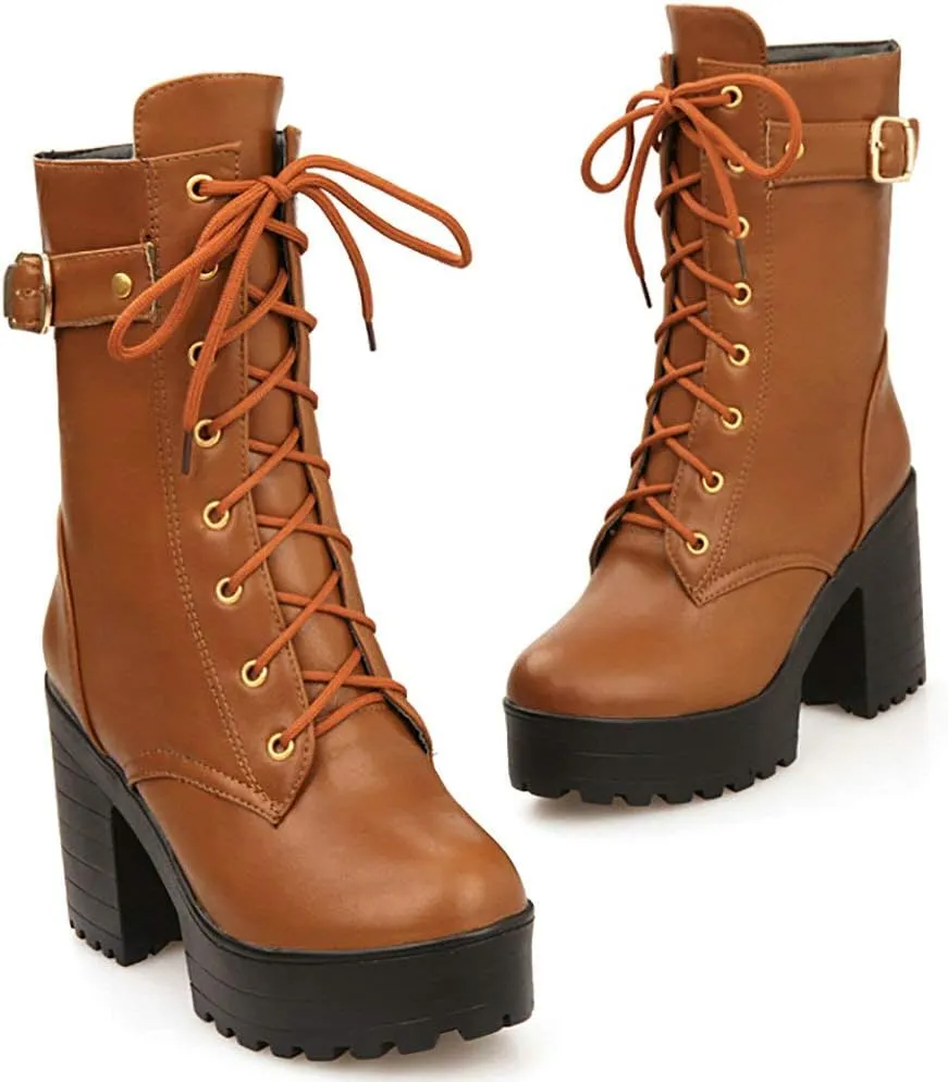 Parisuit Women's Chunky Heel Lace Up Combat Boots Platform High Heel Ankle Boots Goth Buckle Motorcycle Shoes