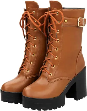 Parisuit Women's Chunky Heel Lace Up Combat Boots Platform High Heel Ankle Boots Goth Buckle Motorcycle Shoes