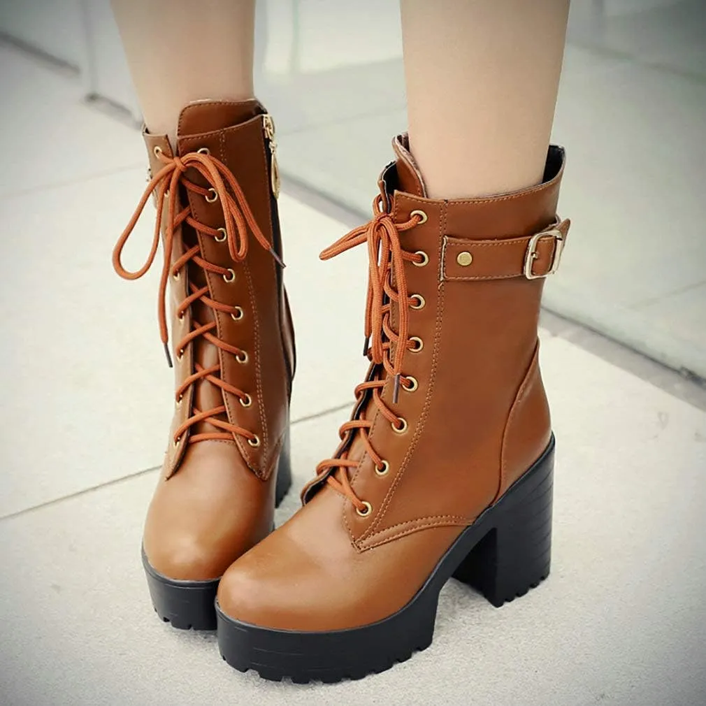 Parisuit Women's Chunky Heel Lace Up Combat Boots Platform High Heel Ankle Boots Goth Buckle Motorcycle Shoes