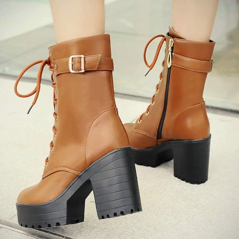 Parisuit Women's Chunky Heel Lace Up Combat Boots Platform High Heel Ankle Boots Goth Buckle Motorcycle Shoes