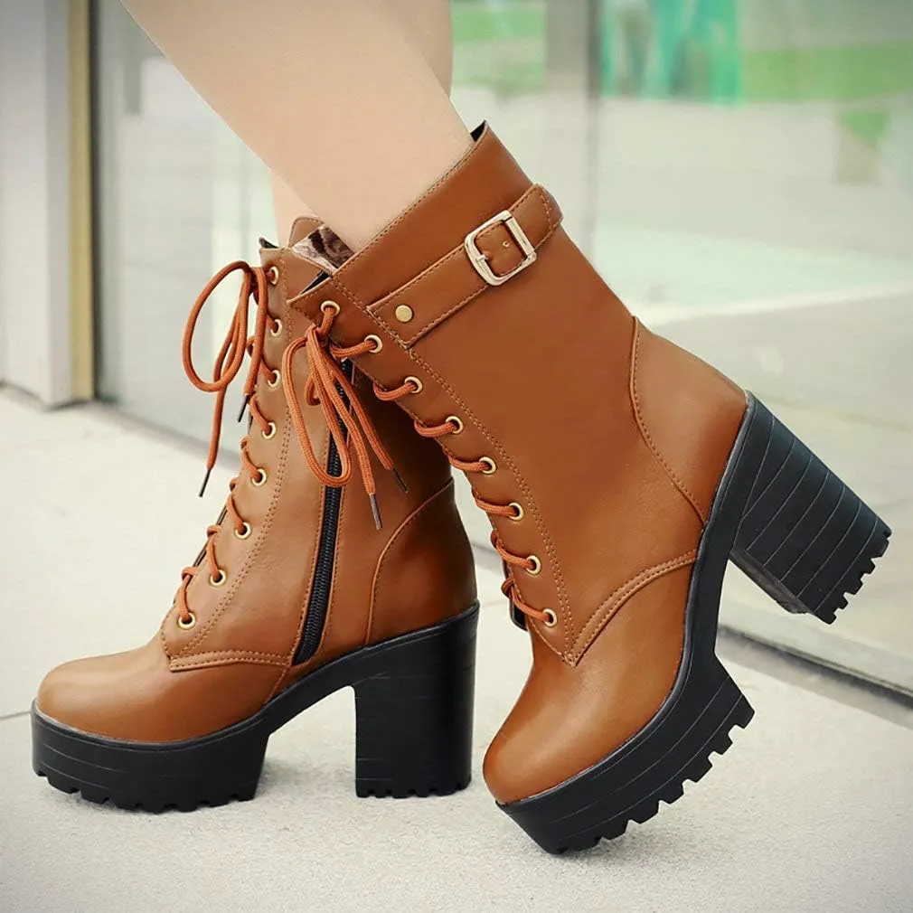 Parisuit Women's Chunky Heel Lace Up Combat Boots Platform High Heel Ankle Boots Goth Buckle Motorcycle Shoes