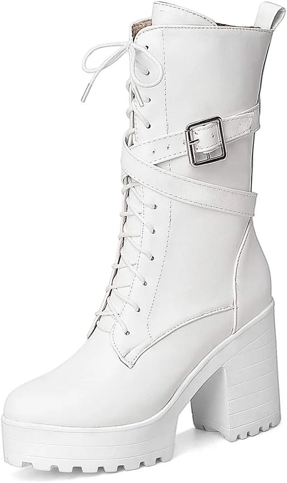 Parisuit Women's Chunky High Heel Lace Up Mid Calf Boots Goth Buckle Platform Combat Boots Punk Zip Up Booties
