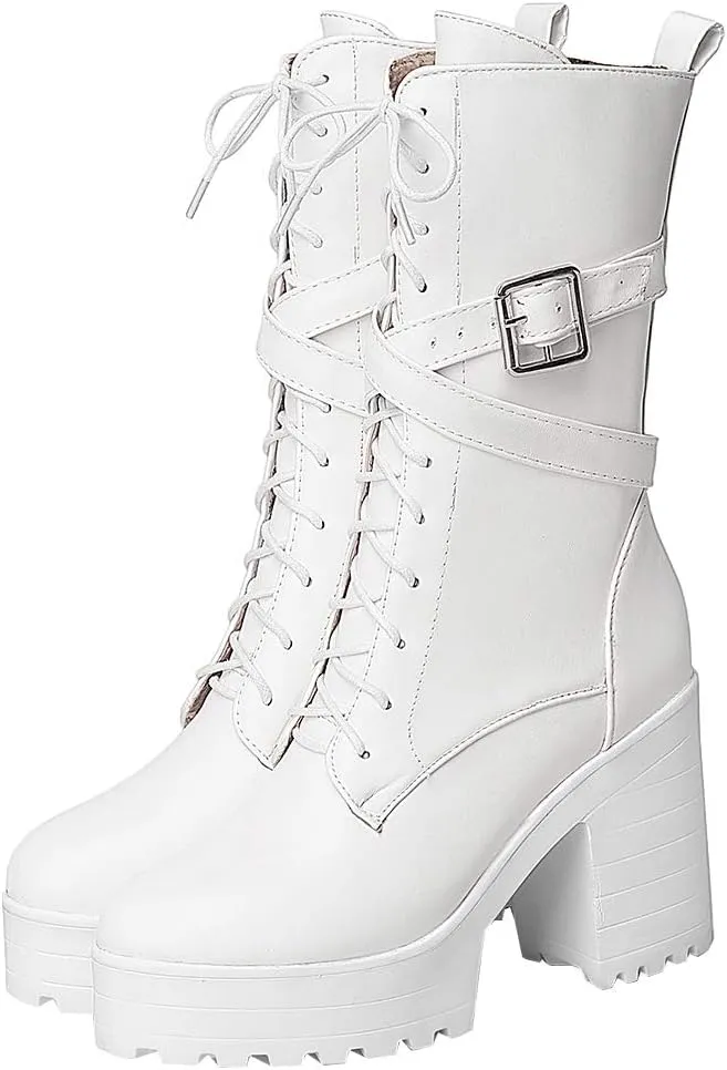 Parisuit Women's Chunky High Heel Lace Up Mid Calf Boots Goth Buckle Platform Combat Boots Punk Zip Up Booties