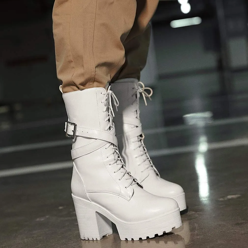 Parisuit Women's Chunky High Heel Lace Up Mid Calf Boots Goth Buckle Platform Combat Boots Punk Zip Up Booties