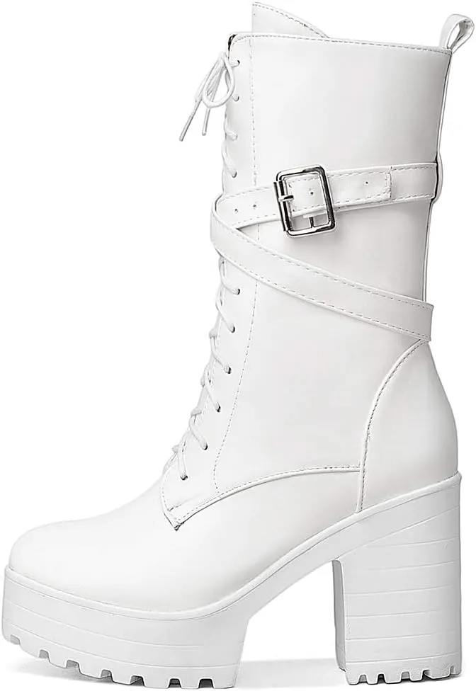 Parisuit Women's Chunky High Heel Lace Up Mid Calf Boots Goth Buckle Platform Combat Boots Punk Zip Up Booties