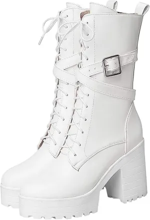 Parisuit Women's Chunky High Heel Lace Up Mid Calf Boots Goth Buckle Platform Combat Boots Punk Zip Up Booties