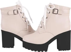 Parisuit Women's Chunky Lace Up Booties Platform High Heel Ankle Boots Fashion Autumn Winter Shoes