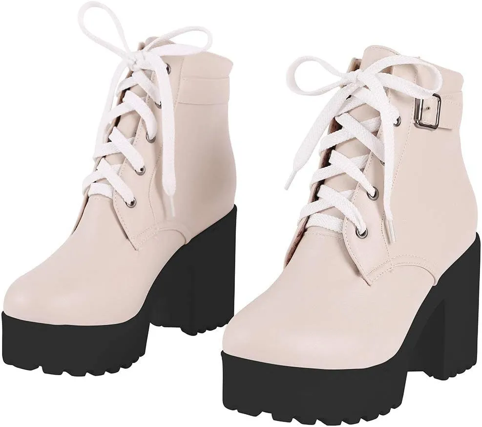 Parisuit Women's Chunky Lace Up Booties Platform High Heel Ankle Boots Fashion Autumn Winter Shoes