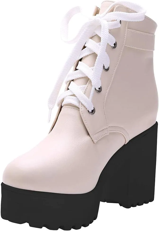 Parisuit Women's Chunky Lace Up Booties Platform High Heel Ankle Boots Fashion Autumn Winter Shoes