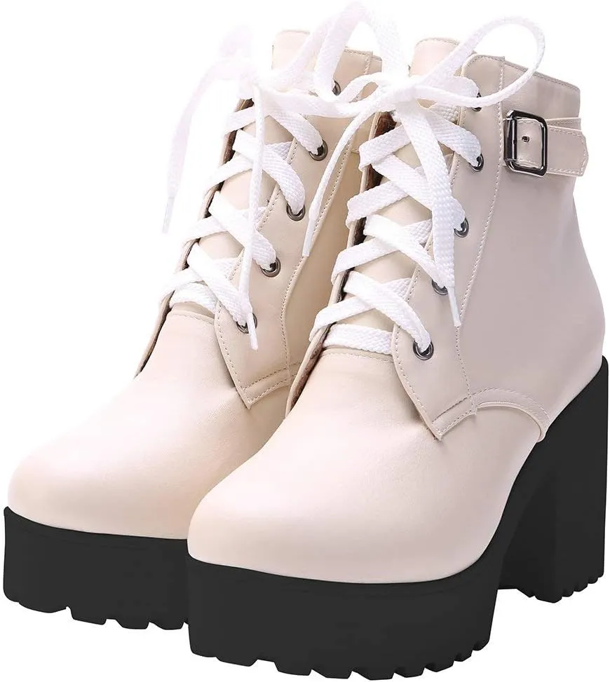 Parisuit Women's Chunky Lace Up Booties Platform High Heel Ankle Boots Fashion Autumn Winter Shoes