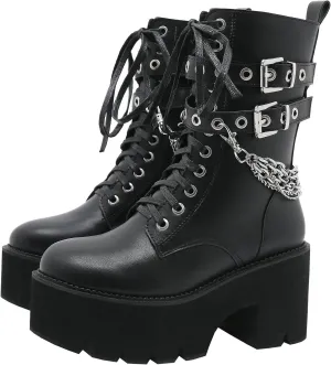 Parisuit Womens Goth Patent Ankle Boots Platform Chunky High Heel Lace Up Combat Boots Punk Short Booties