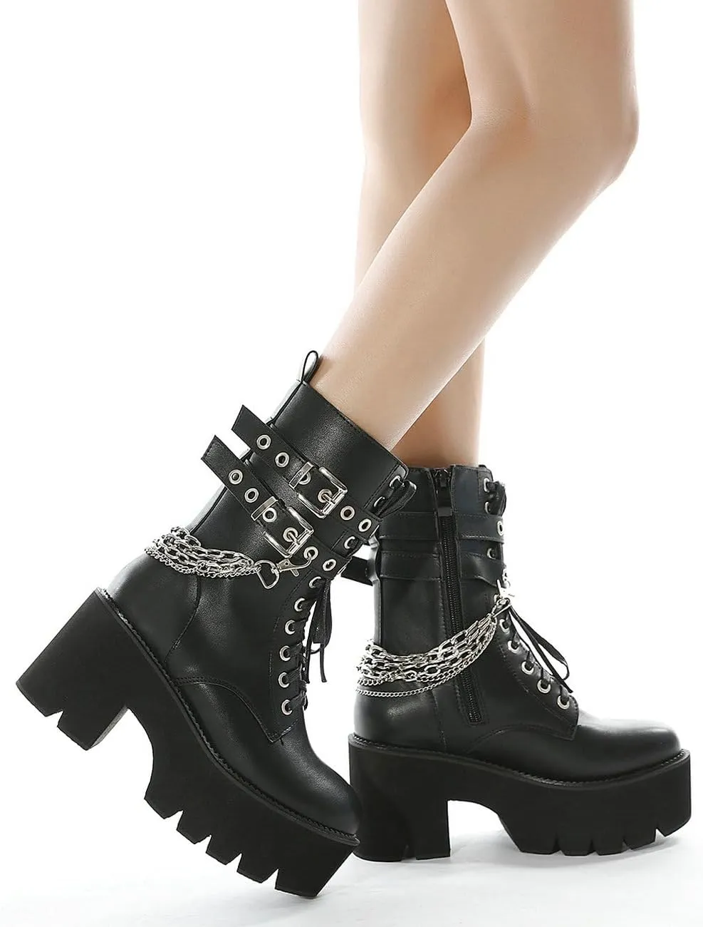 Parisuit Womens Goth Patent Ankle Boots Platform Chunky High Heel Lace Up Combat Boots Punk Short Booties