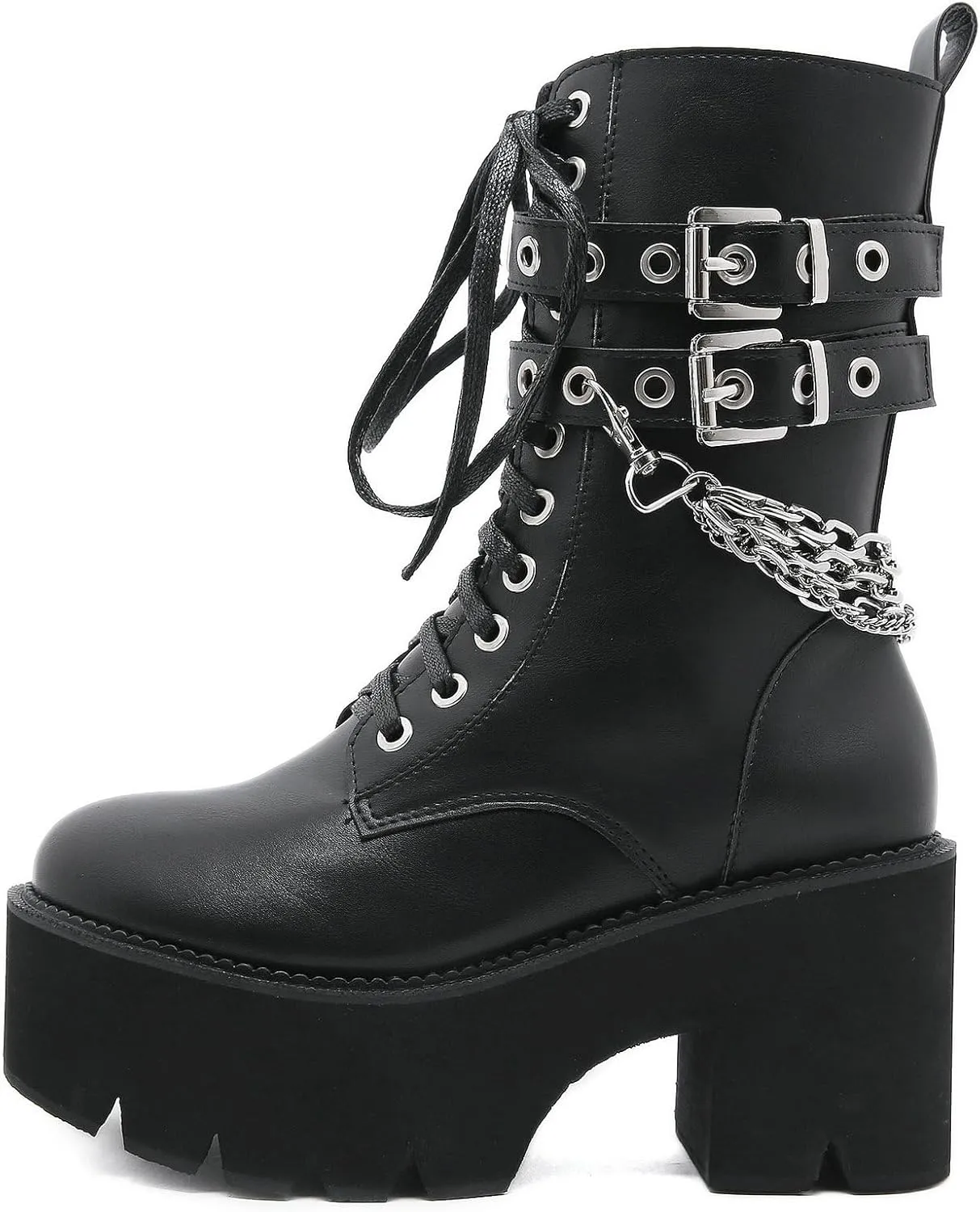 Parisuit Womens Goth Patent Ankle Boots Platform Chunky High Heel Lace Up Combat Boots Punk Short Booties