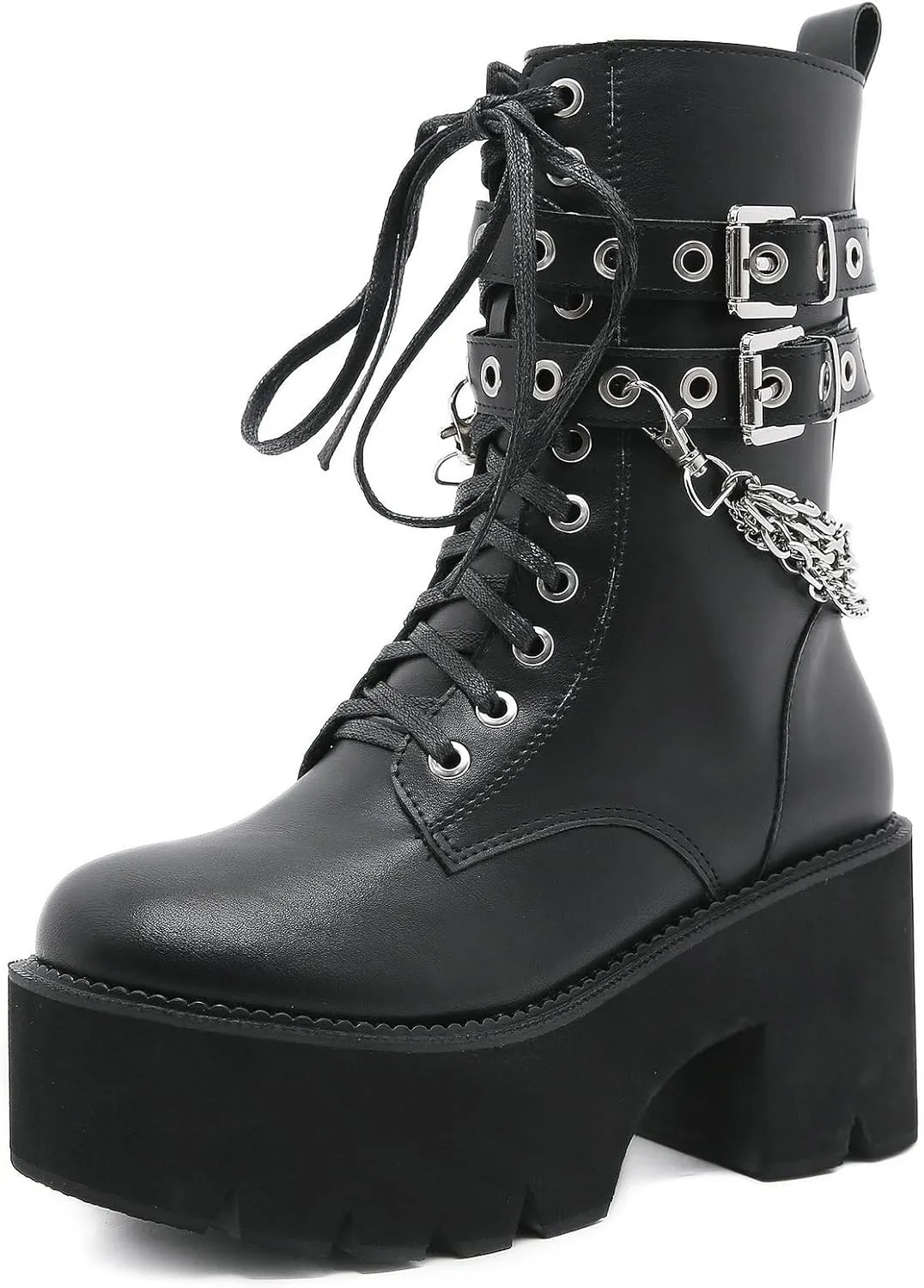Parisuit Womens Goth Patent Ankle Boots Platform Chunky High Heel Lace Up Combat Boots Punk Short Booties