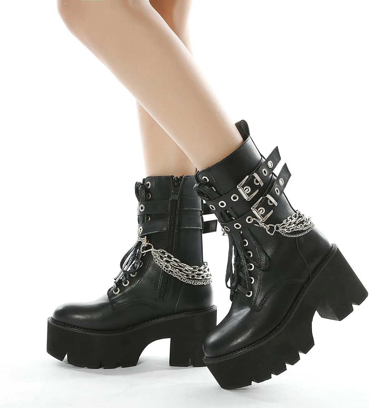 Parisuit Womens Goth Patent Ankle Boots Platform Chunky High Heel Lace Up Combat Boots Punk Short Booties