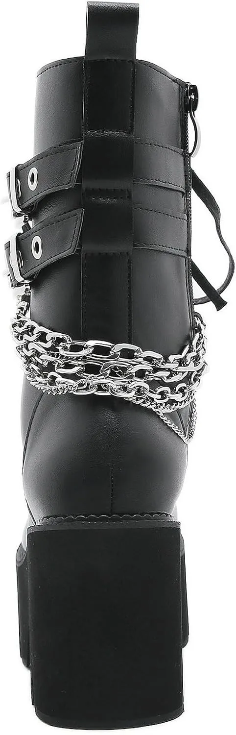 Parisuit Womens Goth Patent Ankle Boots Platform Chunky High Heel Lace Up Combat Boots Punk Short Booties