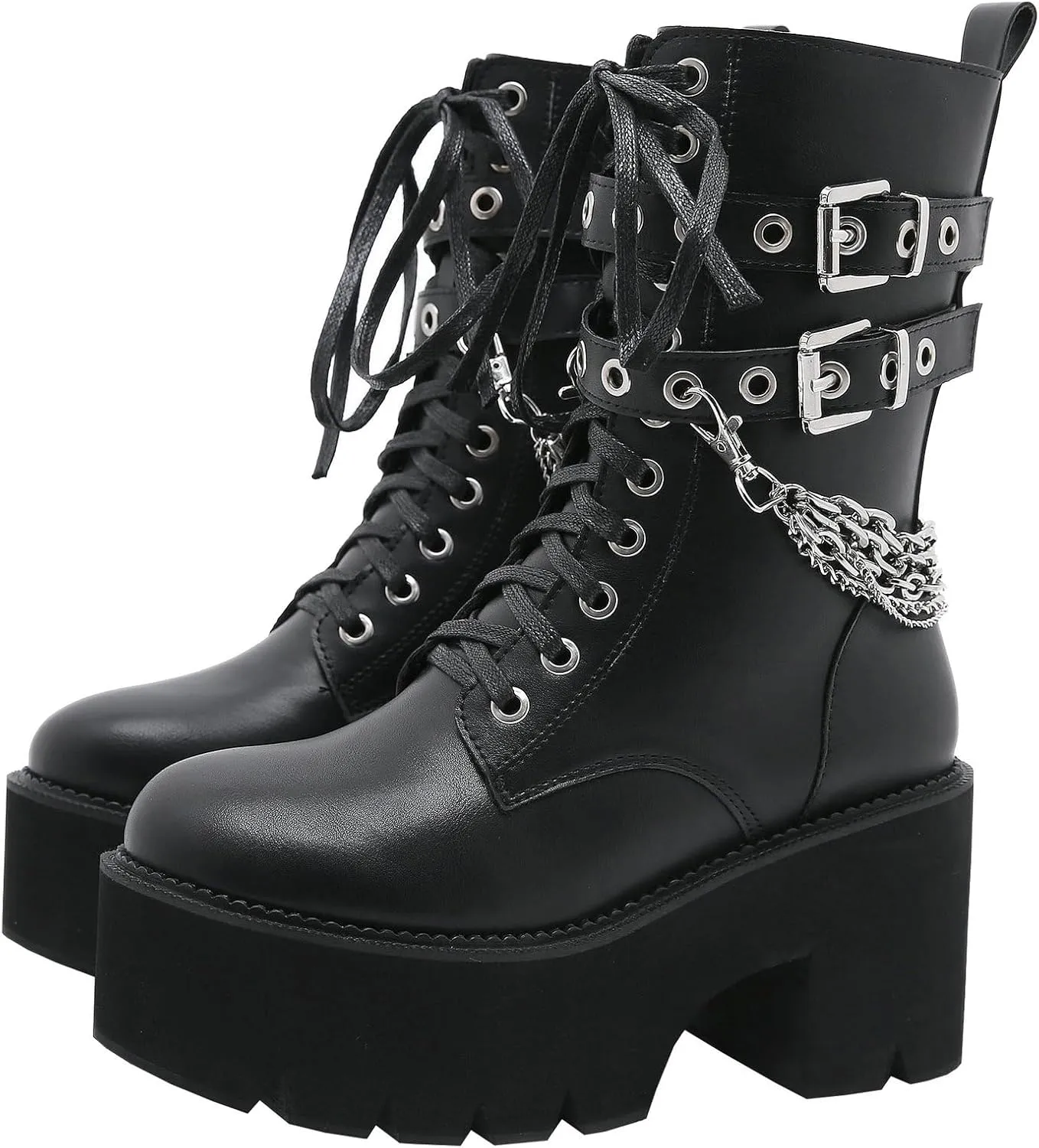 Parisuit Womens Goth Patent Ankle Boots Platform Chunky High Heel Lace Up Combat Boots Punk Short Booties
