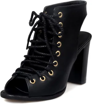 Peep Toe Chunky High Heeled Womens Lace Up Roman Sandals