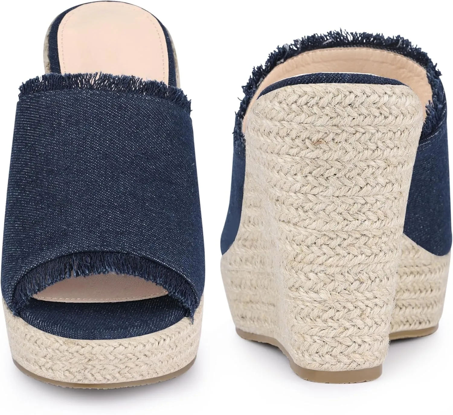 Perphy Womens Espadrilles Wedge Open Toe Denim Wedge Blue Jean Shoes Slip on Slide Mules Sandals