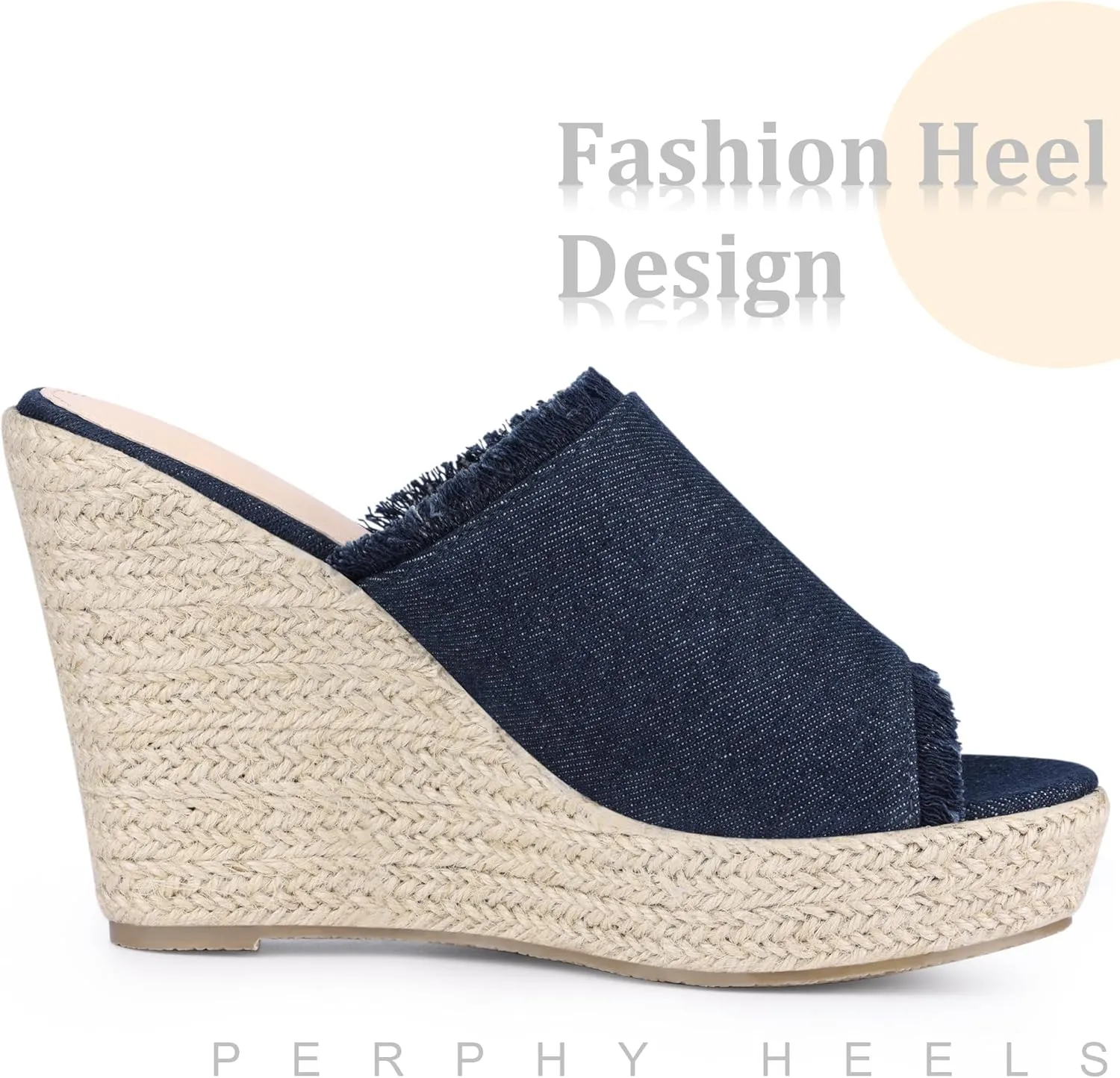 Perphy Womens Espadrilles Wedge Open Toe Denim Wedge Blue Jean Shoes Slip on Slide Mules Sandals