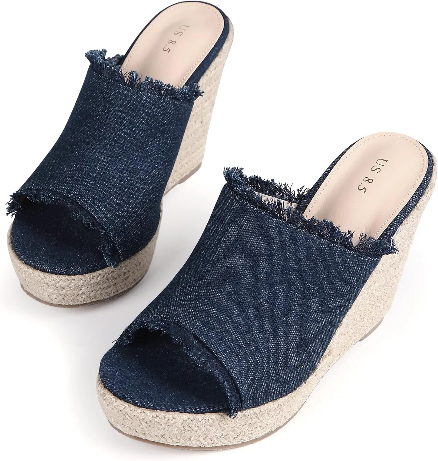 Perphy Womens Espadrilles Wedge Open Toe Denim Wedge Blue Jean Shoes Slip on Slide Mules Sandals