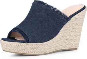 Perphy Womens Espadrilles Wedge Open Toe Denim Wedge Blue Jean Shoes Slip on Slide Mules Sandals