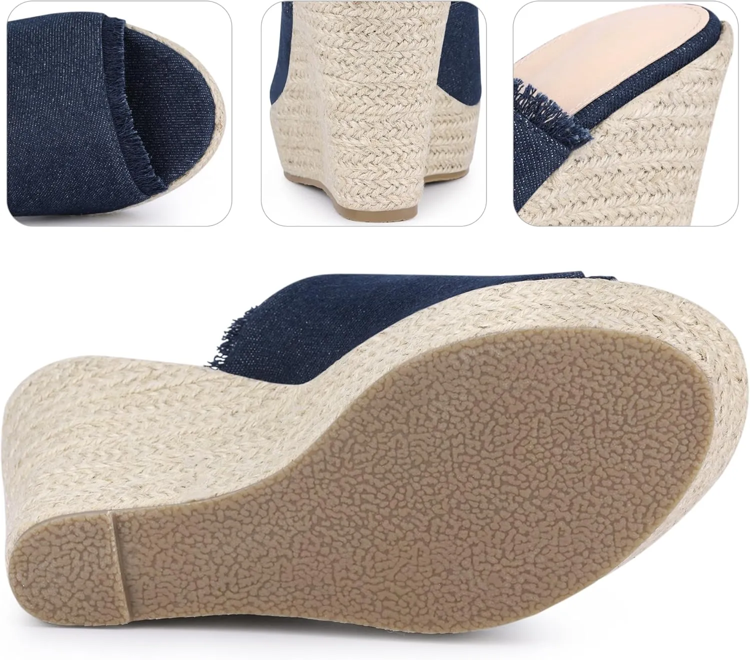 Perphy Womens Espadrilles Wedge Open Toe Denim Wedge Blue Jean Shoes Slip on Slide Mules Sandals