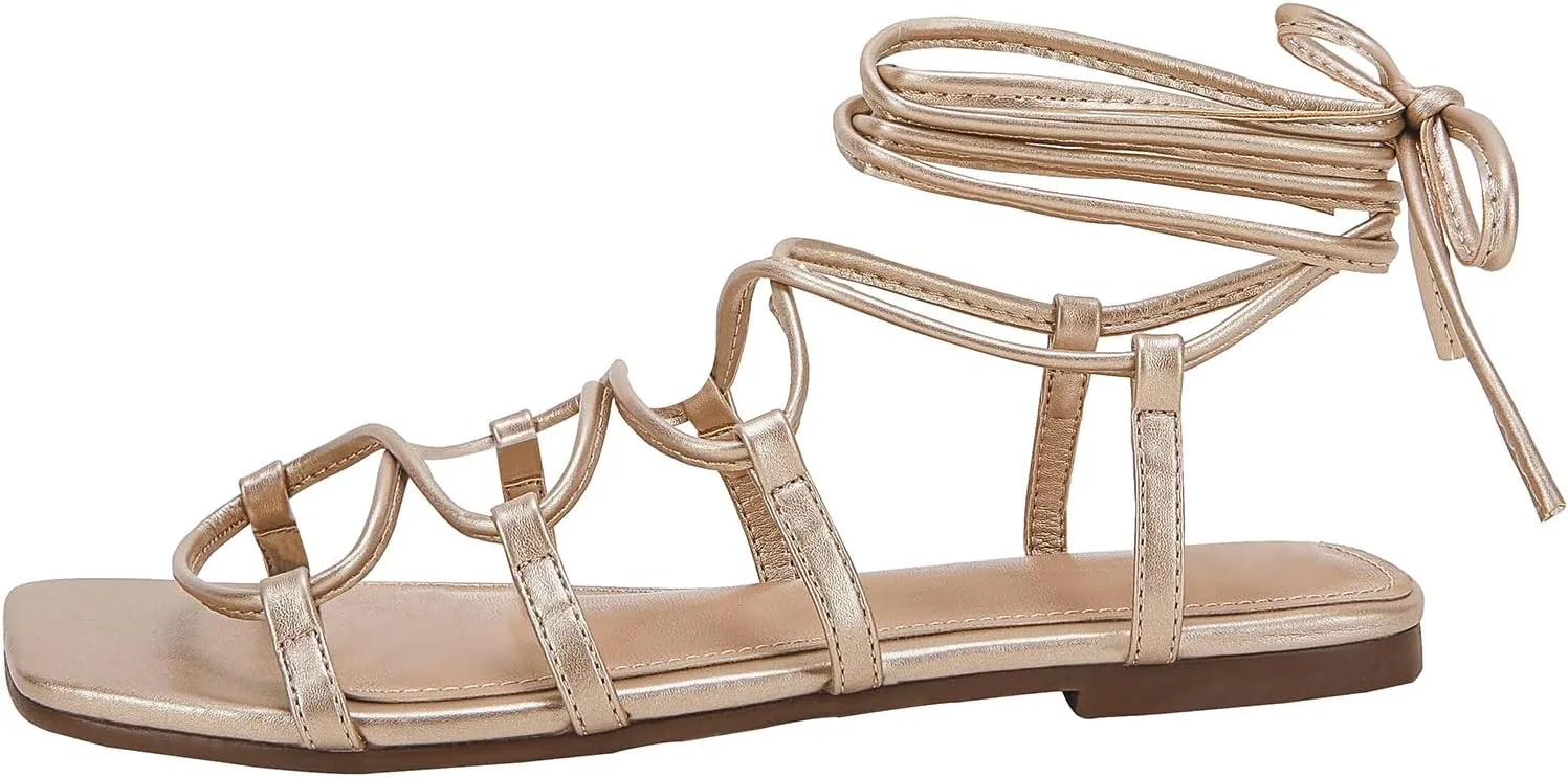 PiePieBuy Womens Lace up Square Toes Flat Sandals with Ankle Strap Summer Criss-Cross Gladiator Shoes