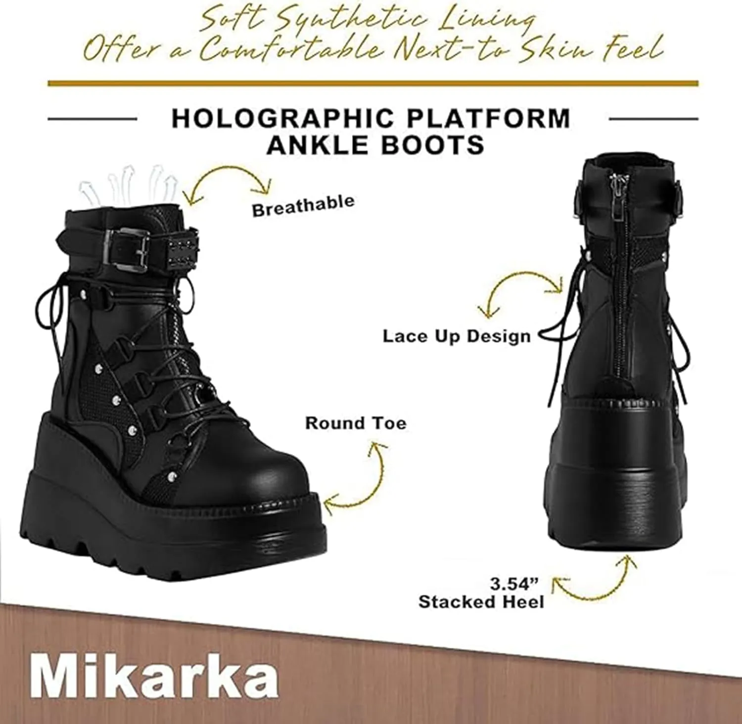 Platform Ankle Boots for Women, Lace Up Ankle Studded Buckle Goth Stacked Wedge Combat Ankle Boots Women Motorcycle Wedges