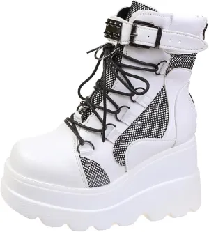 Platform Ankle Boots for Women, Lace Up Ankle Studded Buckle Goth Stacked Wedge Combat Ankle Boots Women Motorcycle Wedges