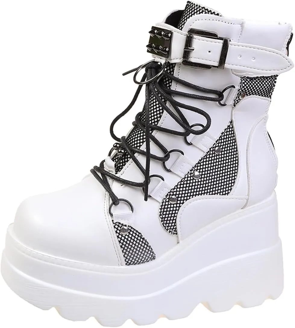 Platform Ankle Boots for Women, Lace Up Ankle Studded Buckle Goth Stacked Wedge Combat Ankle Boots Women Motorcycle Wedges