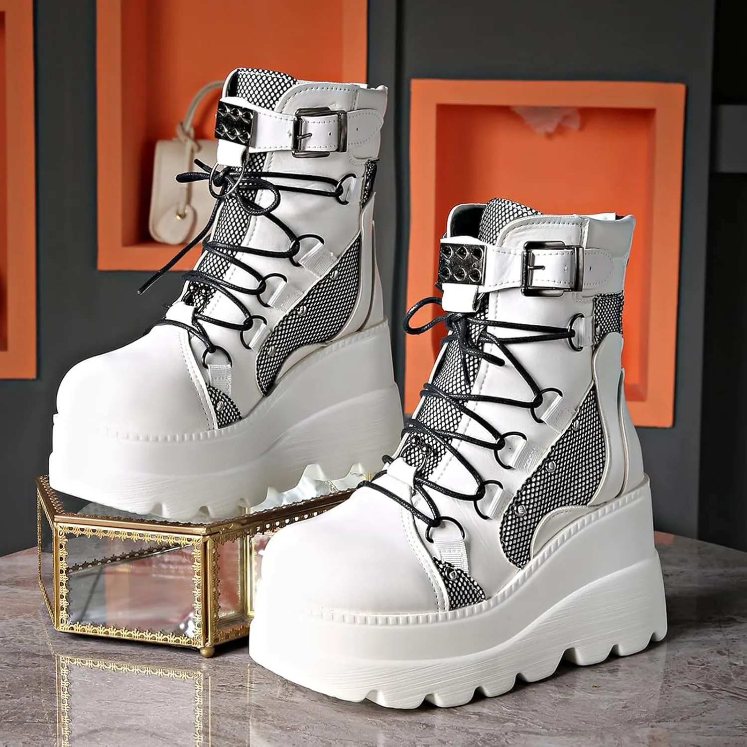 Platform Ankle Boots for Women, Lace Up Ankle Studded Buckle Goth Stacked Wedge Combat Ankle Boots Women Motorcycle Wedges