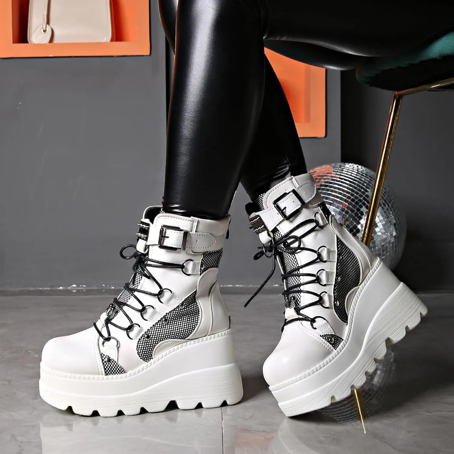 Platform Ankle Boots for Women, Lace Up Ankle Studded Buckle Goth Stacked Wedge Combat Ankle Boots Women Motorcycle Wedges