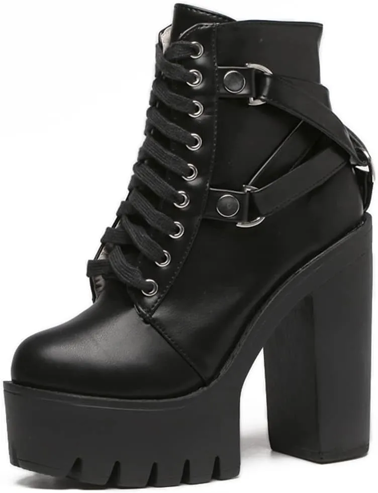 Platform Combat Boots Womens Goth High Block Heels Ankle Buckle with Zipper Rubber Sole Fall Shoes