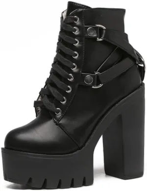 Platform Combat Boots Womens Goth High Block Heels Ankle Buckle with Zipper Rubber Sole Fall Shoes