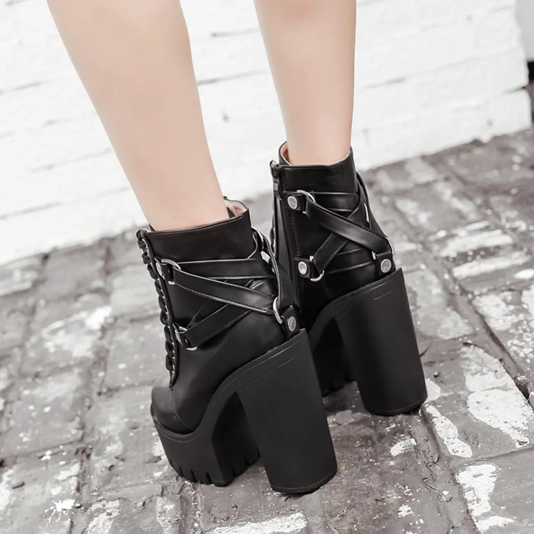 Platform Combat Boots Womens Goth High Block Heels Ankle Buckle with Zipper Rubber Sole Fall Shoes