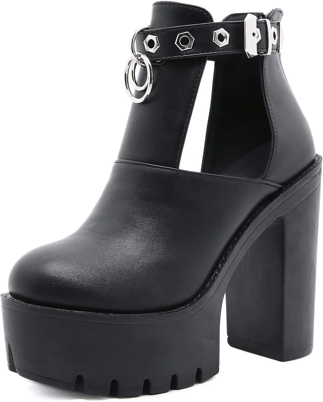 Platform Combat Boots Womens Goth High Block Heels Ankle Buckle with Zipper Rubber Sole Fall Shoes