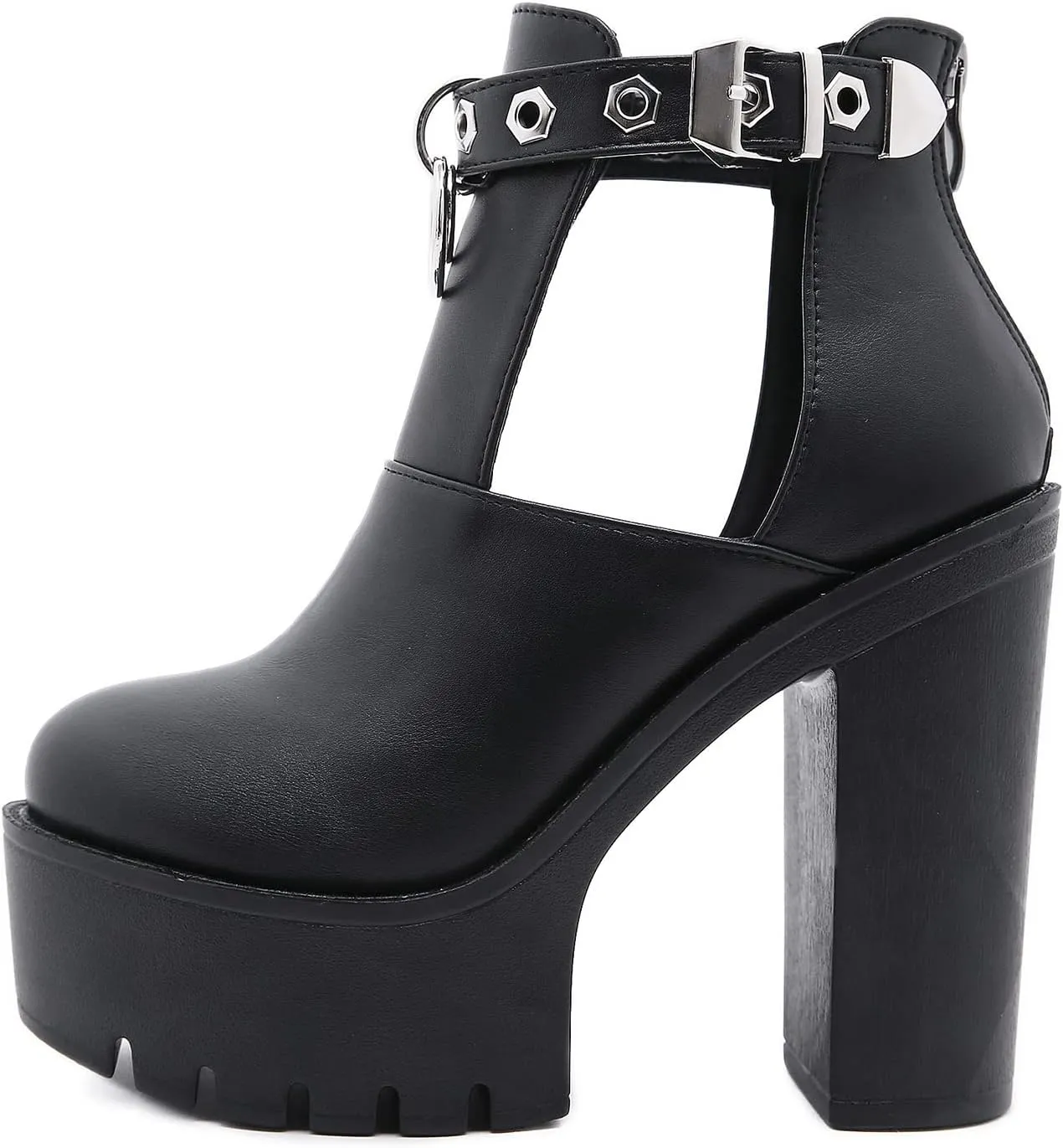 Platform Combat Boots Womens Goth High Block Heels Ankle Buckle with Zipper Rubber Sole Fall Shoes