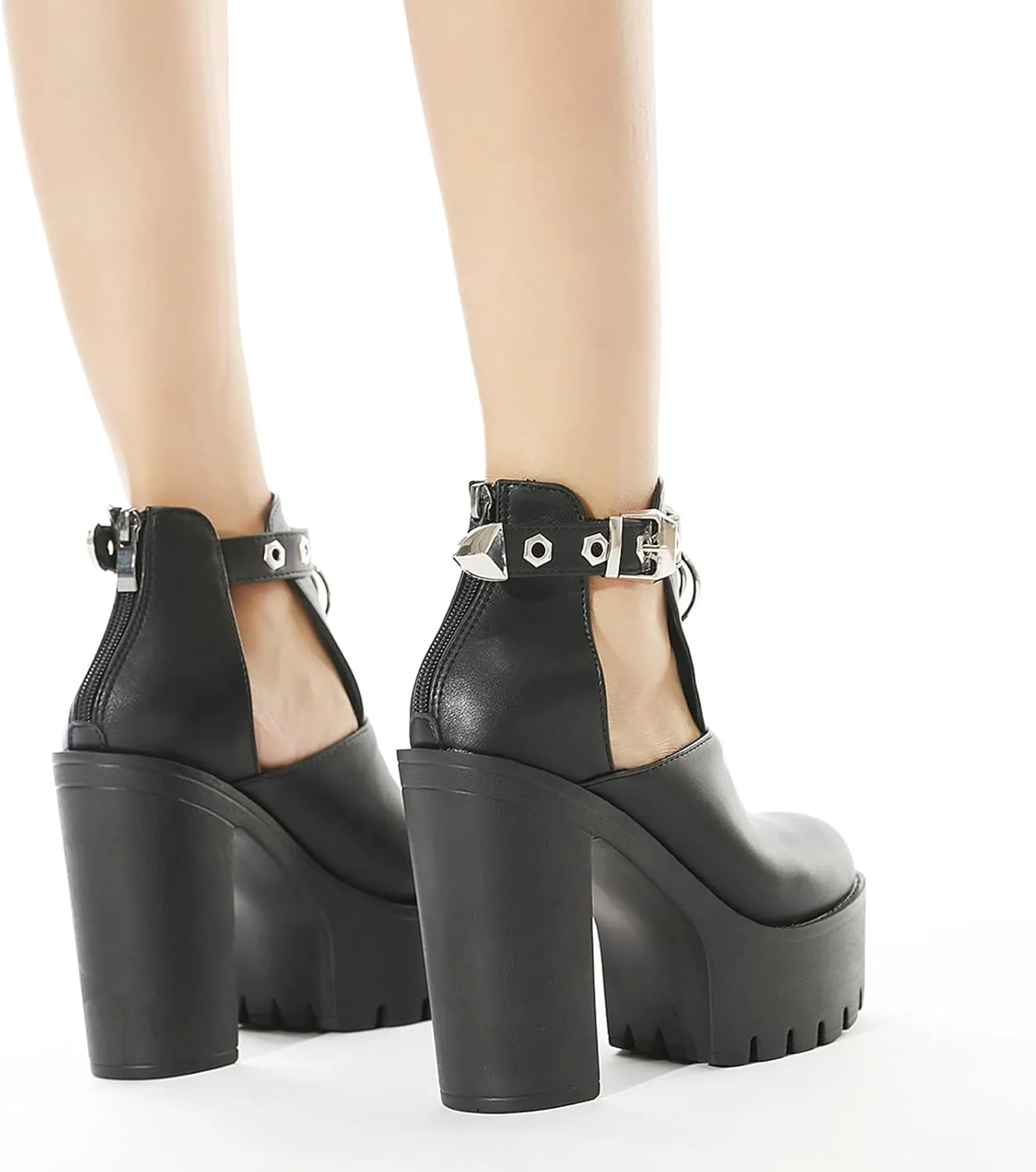 Platform Combat Boots Womens Goth High Block Heels Ankle Buckle with Zipper Rubber Sole Fall Shoes