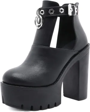 Platform Combat Boots Womens Goth High Block Heels Ankle Buckle with Zipper Rubber Sole Fall Shoes