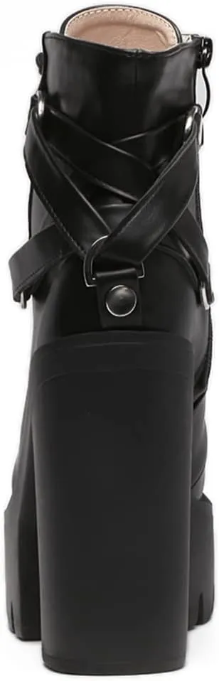 Platform Combat Boots Womens Goth High Block Heels Ankle Buckle with Zipper Rubber Sole Fall Shoes