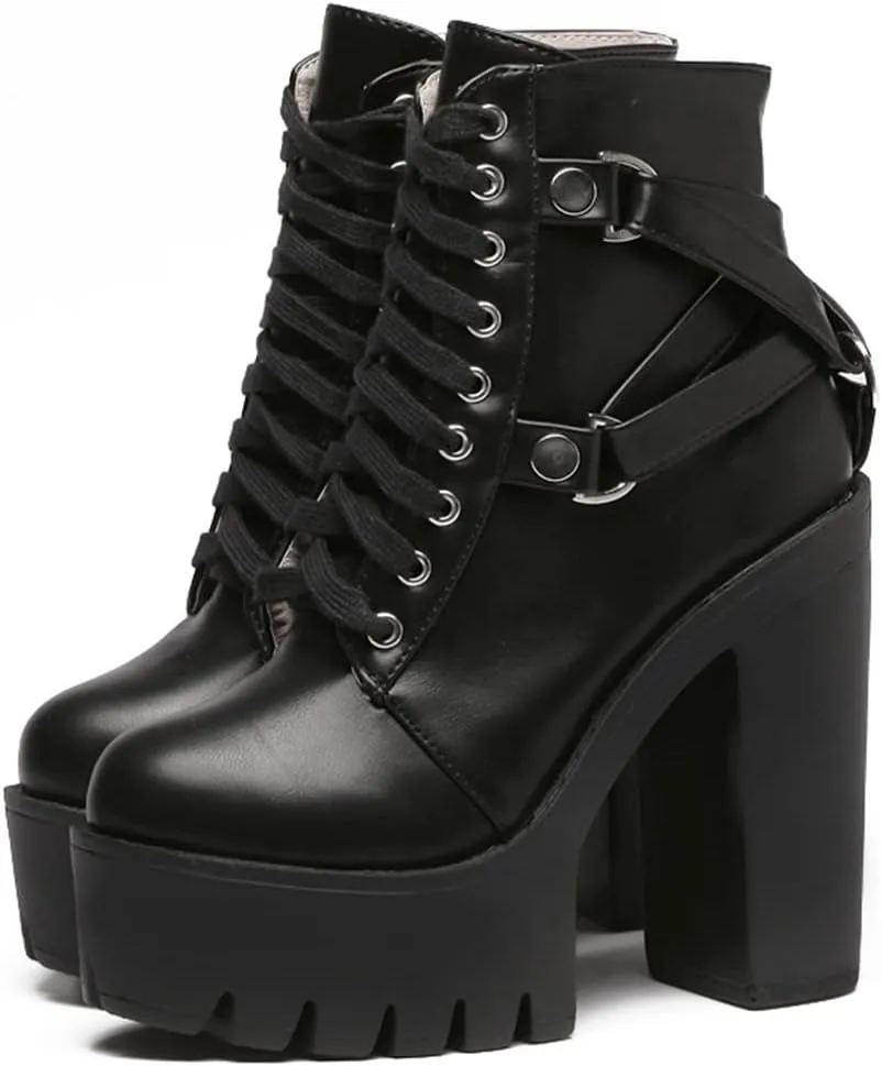 Platform Combat Boots Womens Goth High Block Heels Ankle Buckle with Zipper Rubber Sole Fall Shoes