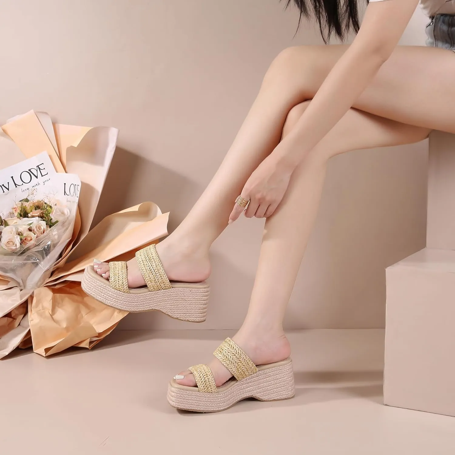 Platform Slip on Espadrille Sandals for Women Clear Strap Stylish Wedges Slides Sandals Dressy Platform Open Toe Beach Sandals