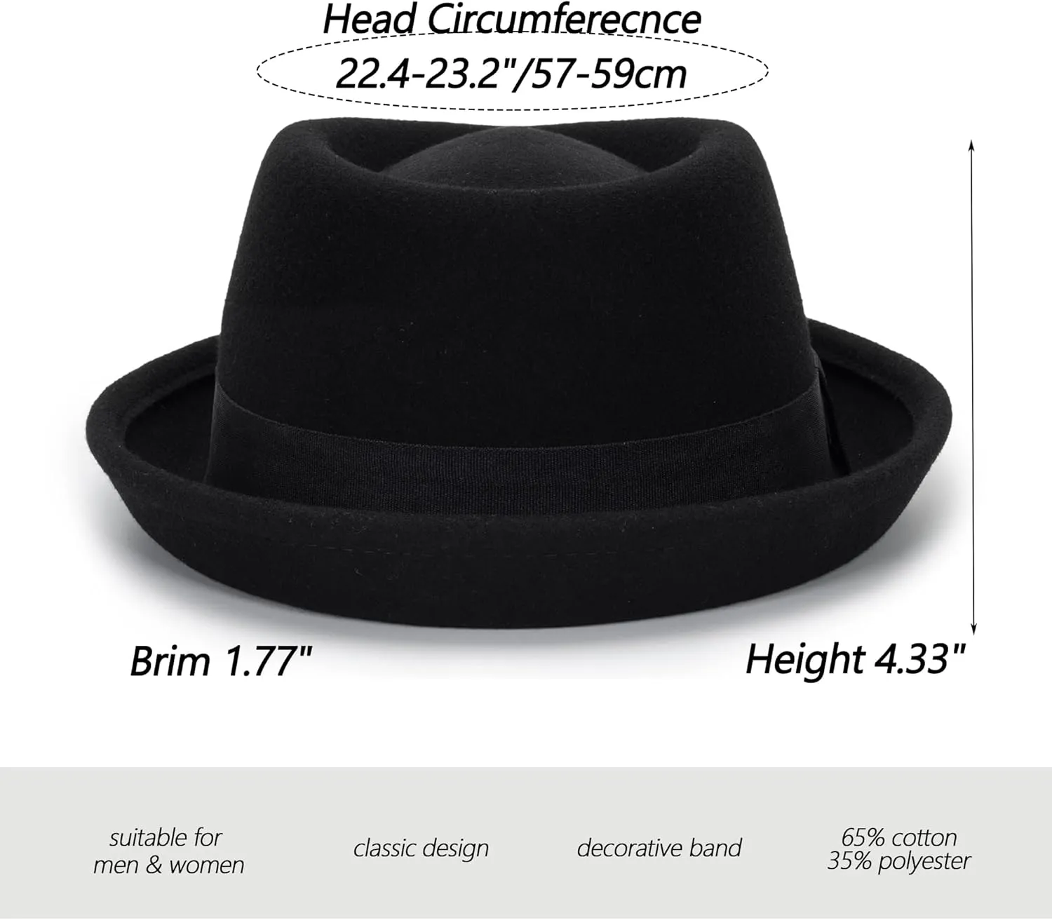 Pokie-Pie Bowler Derby Wool Roll-Brim Hat - Classic Trilby Fedora Hat for Men Women Size:M